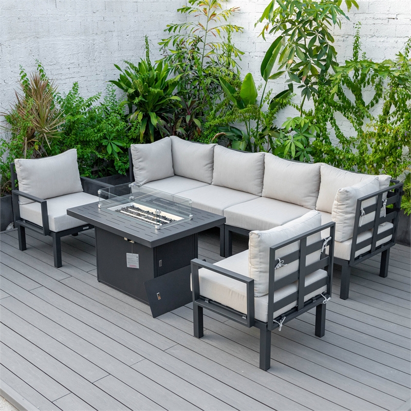 LeisureMod Chelsea 7-Piece Sectional And Fire Pit Table With Cushions in Beige