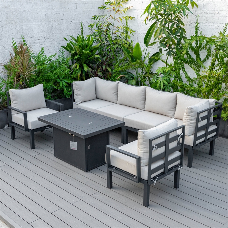 LeisureMod Chelsea 7-Piece Sectional And Fire Pit Table With Cushions in Beige