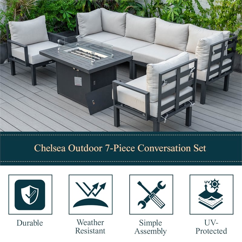 LeisureMod Chelsea 7-Piece Sectional And Fire Pit Table With Cushions in Beige