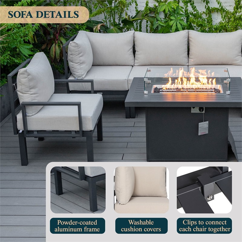 LeisureMod Chelsea 7-Piece Sectional And Fire Pit Table With Cushions in Beige