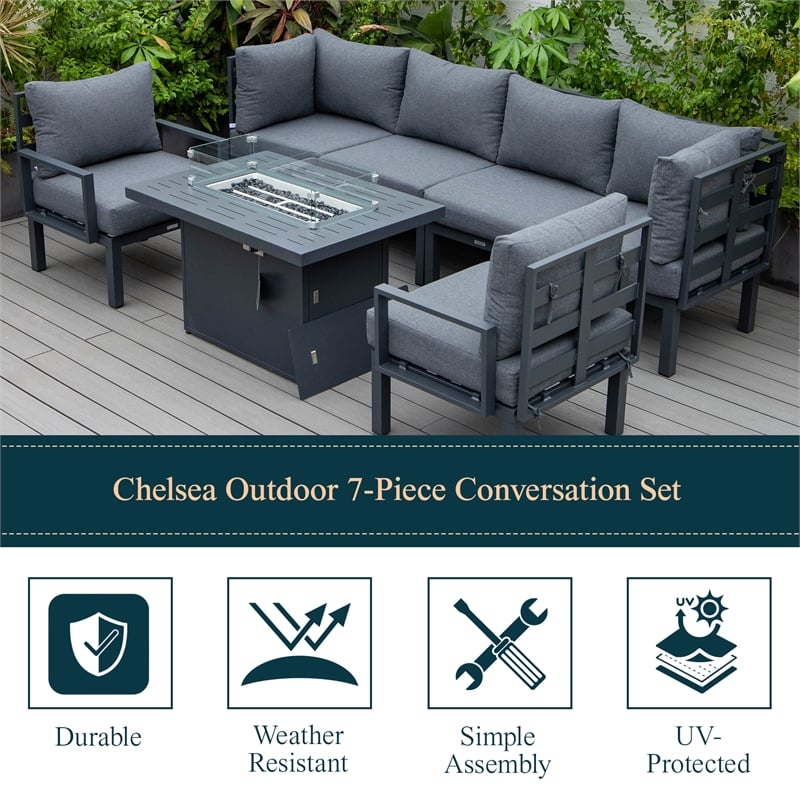 LeisureMod Chelsea 7-Piece Sectional And Fire Pit Table With Cushions in Black