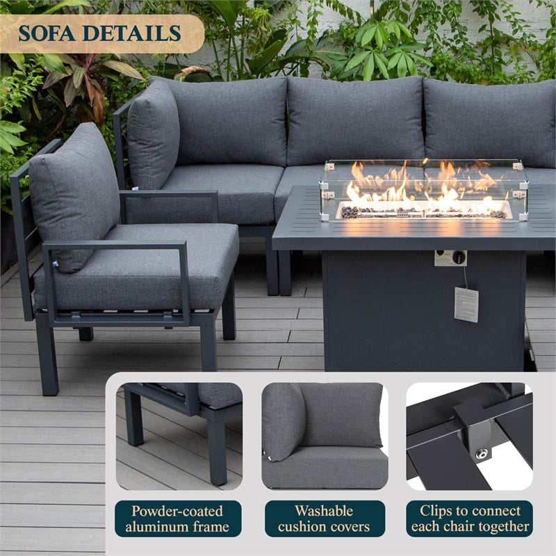 LeisureMod Chelsea 7-Piece Sectional And Fire Pit Table With Cushions in Black