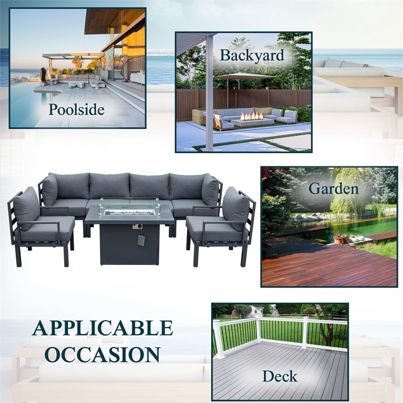 LeisureMod Chelsea 7-Piece Sectional And Fire Pit Table With Cushions in Black