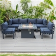 LeisureMod Chelsea 7-Piece Sectional And Fire Pit Table With Cushions in Blue