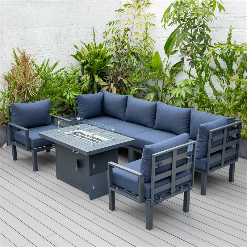 LeisureMod Chelsea 7-Piece Sectional And Fire Pit Table With Cushions in Blue