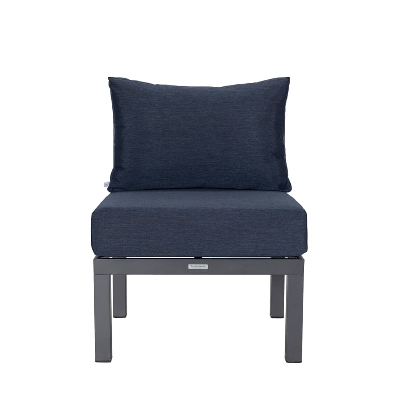 LeisureMod Chelsea 7-Piece Sectional And Fire Pit Table With Cushions in Blue