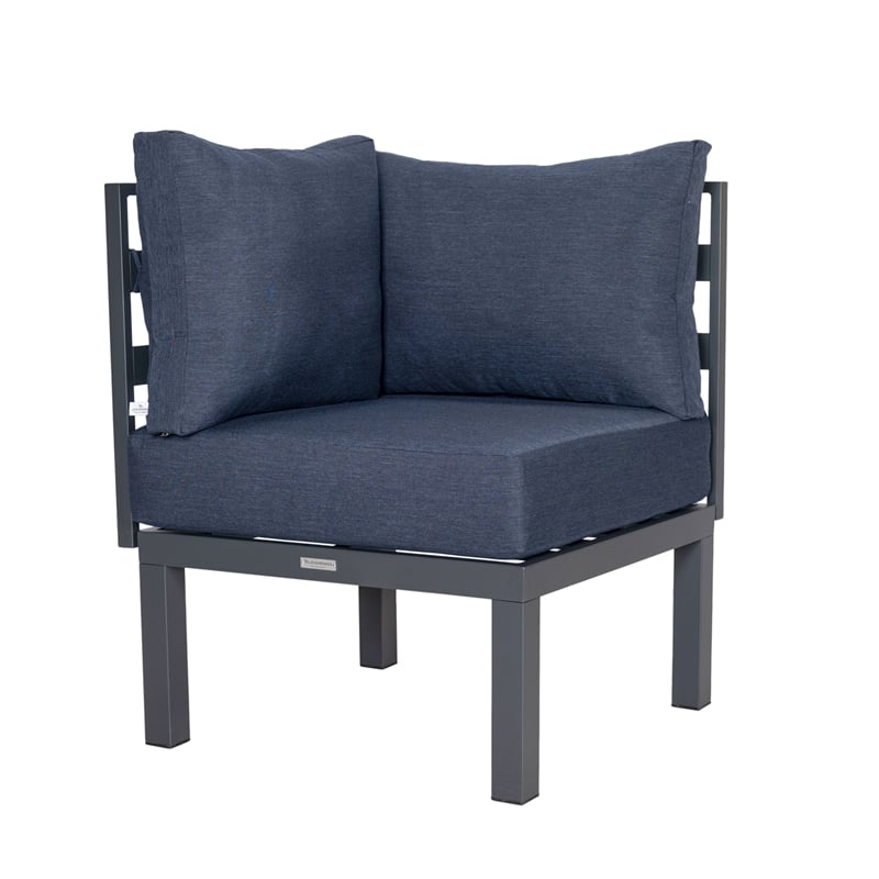 LeisureMod Chelsea 7-Piece Sectional And Fire Pit Table With Cushions in Blue