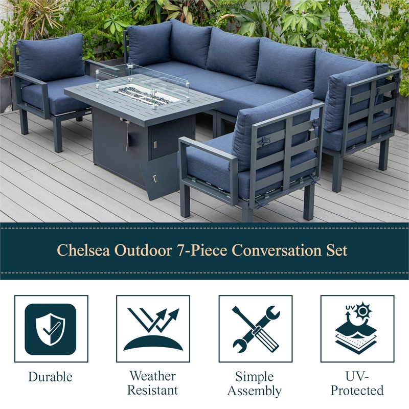 LeisureMod Chelsea 7-Piece Sectional And Fire Pit Table With Cushions in Blue