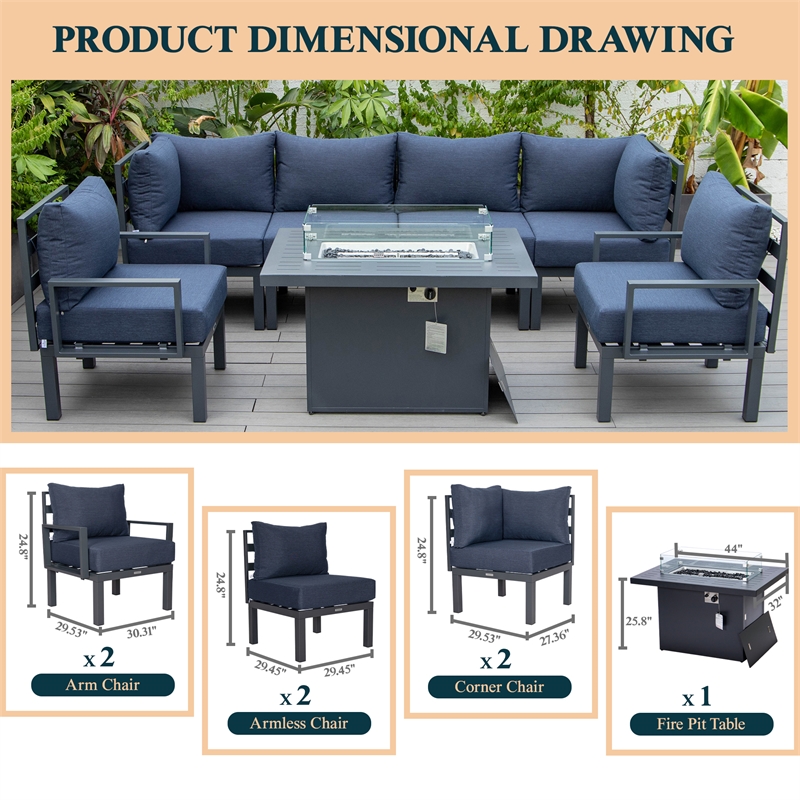 LeisureMod Chelsea 7-Piece Sectional And Fire Pit Table With Cushions in Blue