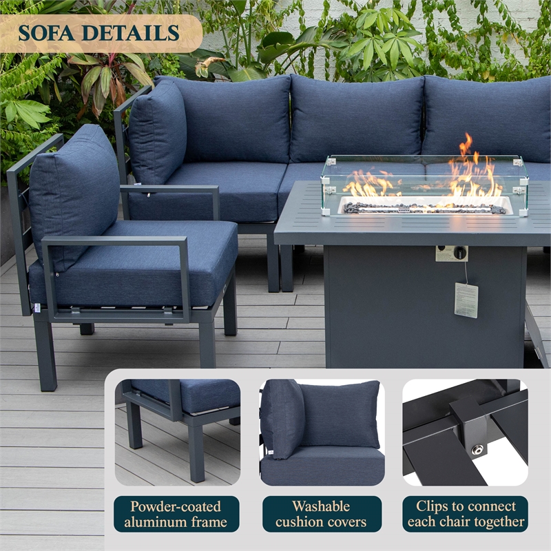 LeisureMod Chelsea 7-Piece Sectional And Fire Pit Table With Cushions in Blue