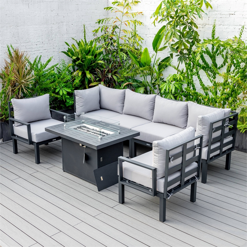 LeisureMod Chelsea 7-Piece Sectional And Fire Pit Table With Cushions in Gray