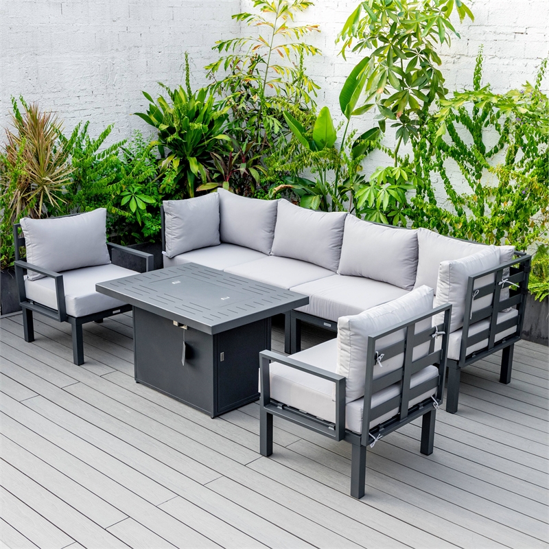 LeisureMod Chelsea 7-Piece Sectional And Fire Pit Table With Cushions in Gray