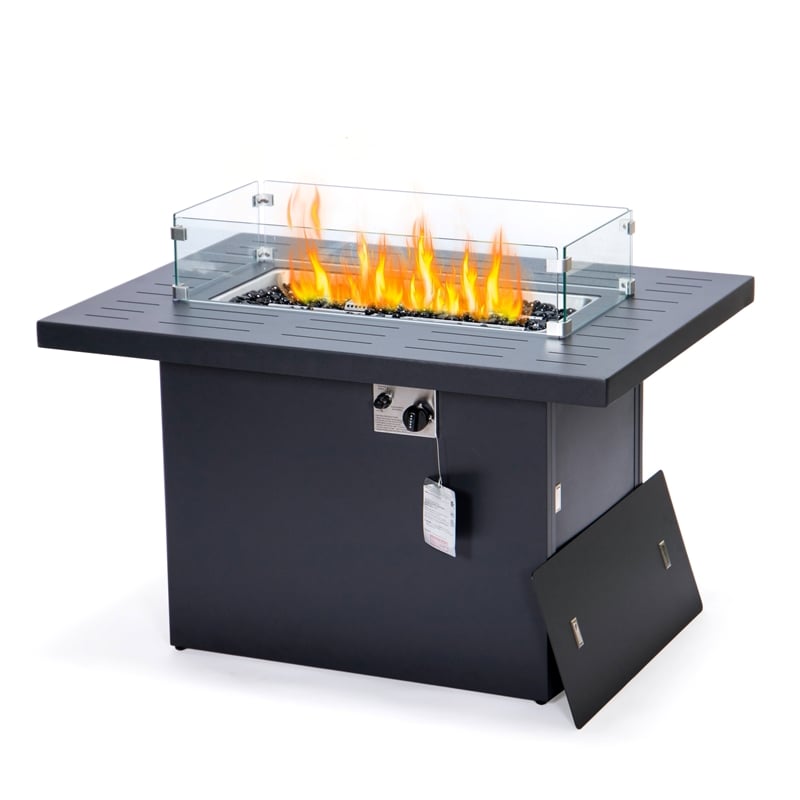 LeisureMod Chelsea 7-Piece Sectional And Fire Pit Table With Cushions in Gray