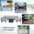 LeisureMod Chelsea 7-Piece Sectional And Fire Pit Table With Cushions in Gray