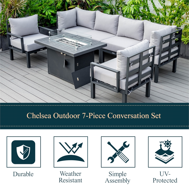 LeisureMod Chelsea 7-Piece Sectional And Fire Pit Table With Cushions in Gray