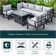 LeisureMod Chelsea 7-Piece Sectional And Fire Pit Table With Cushions in Gray