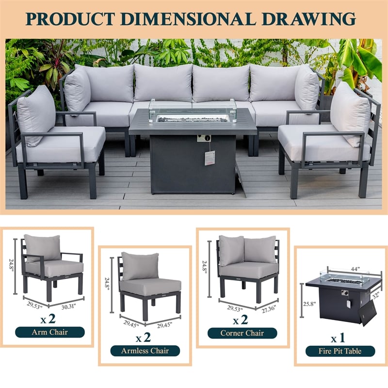 LeisureMod Chelsea 7-Piece Sectional And Fire Pit Table With Cushions in Gray