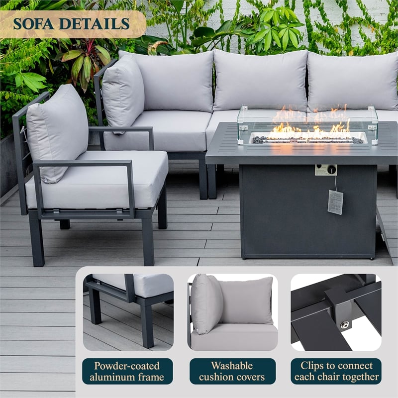 LeisureMod Chelsea 7-Piece Sectional And Fire Pit Table With Cushions in Gray