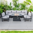 LeisureMod Chelsea 7-Piece Sectional And Fire Pit Table With Cushions in Gray