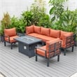 LeisureMod Chelsea 7-Piece Sectional And Fire Pit Table With Cushions in Orange
