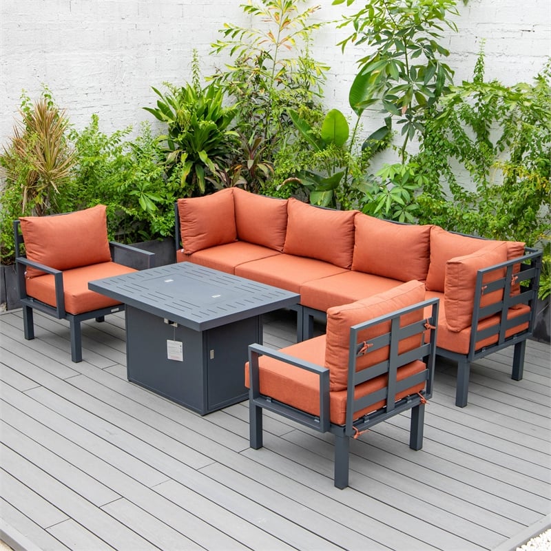 LeisureMod Chelsea 7-Piece Sectional And Fire Pit Table With Cushions in Orange