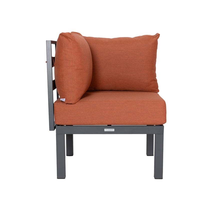 LeisureMod Chelsea 7-Piece Sectional And Fire Pit Table With Cushions in Orange