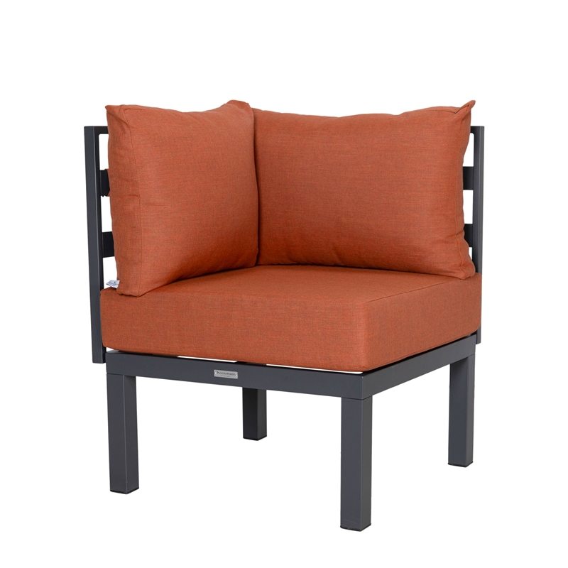 LeisureMod Chelsea 7-Piece Sectional And Fire Pit Table With Cushions in Orange