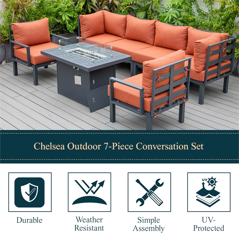LeisureMod Chelsea 7-Piece Sectional And Fire Pit Table With Cushions in Orange