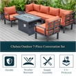 LeisureMod Chelsea 7-Piece Sectional And Fire Pit Table With Cushions in Orange