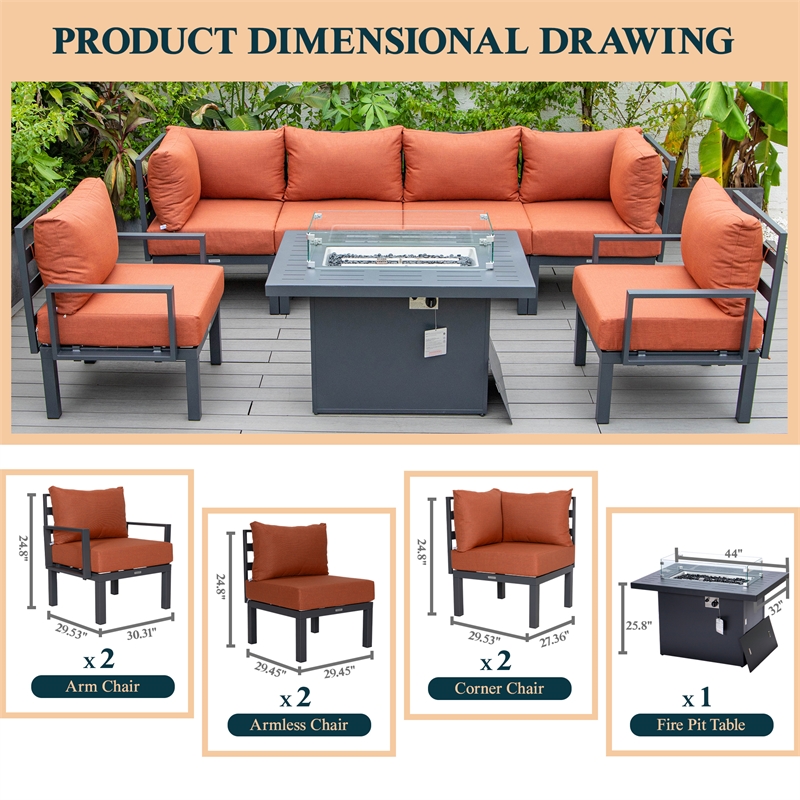 LeisureMod Chelsea 7-Piece Sectional And Fire Pit Table With Cushions in Orange