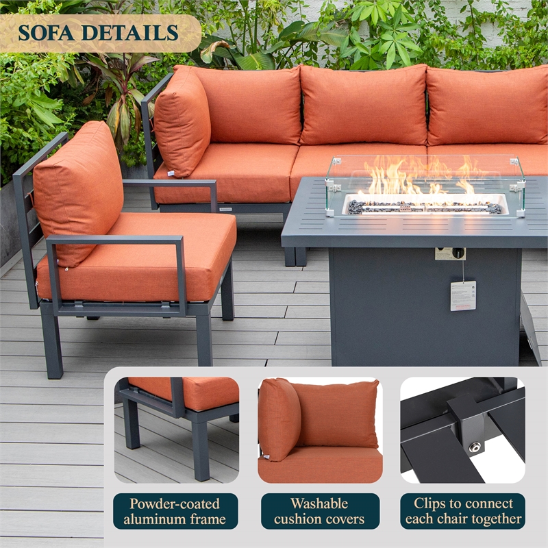 LeisureMod Chelsea 7-Piece Sectional And Fire Pit Table With Cushions in Orange
