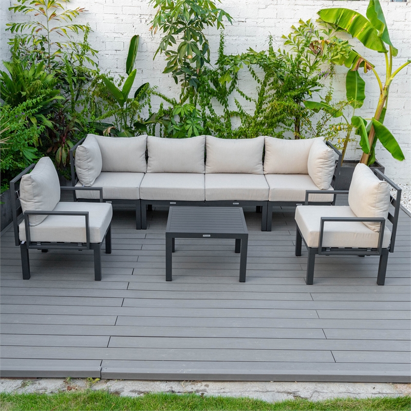 LeisureMod Chelsea 7-Piece Patio Set with Coffee Table and Cushions in Red