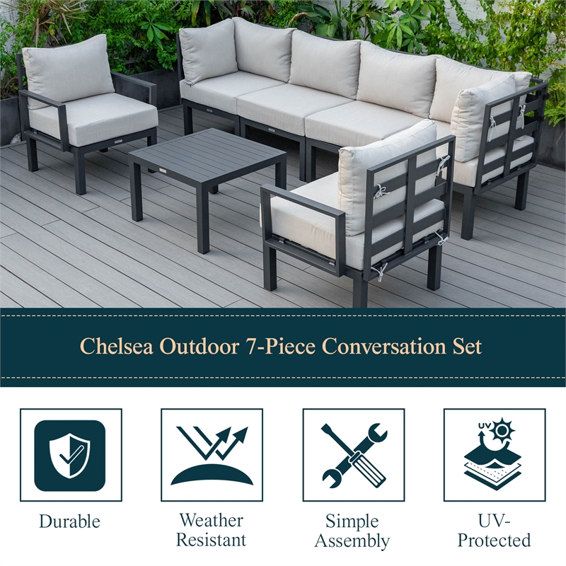 LeisureMod Chelsea 7-Piece Patio Set with Coffee Table and Cushions in Red