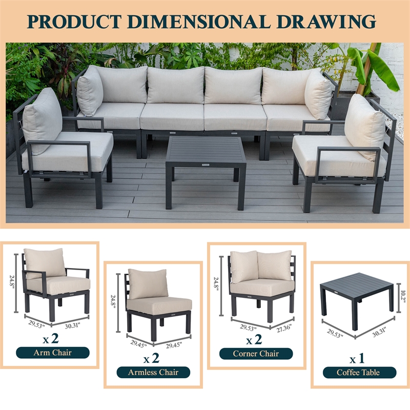 LeisureMod Chelsea 7-Piece Patio Set with Coffee Table and Cushions in Red