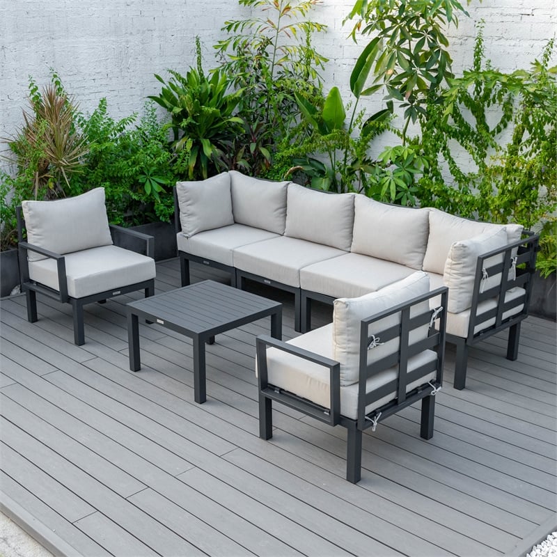 LeisureMod Chelsea 7-Piece Patio Set with Coffee Table and Cushions in Red