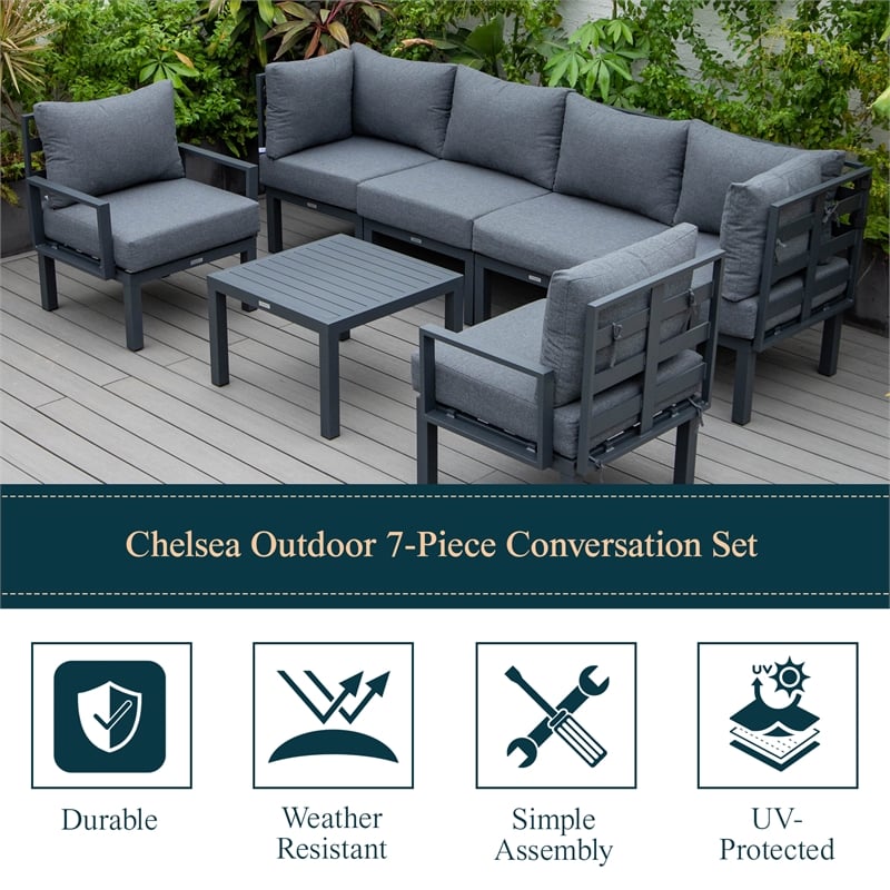 LeisureMod Chelsea 7-Piece Patio Set with Coffee Table and Cushions in Black