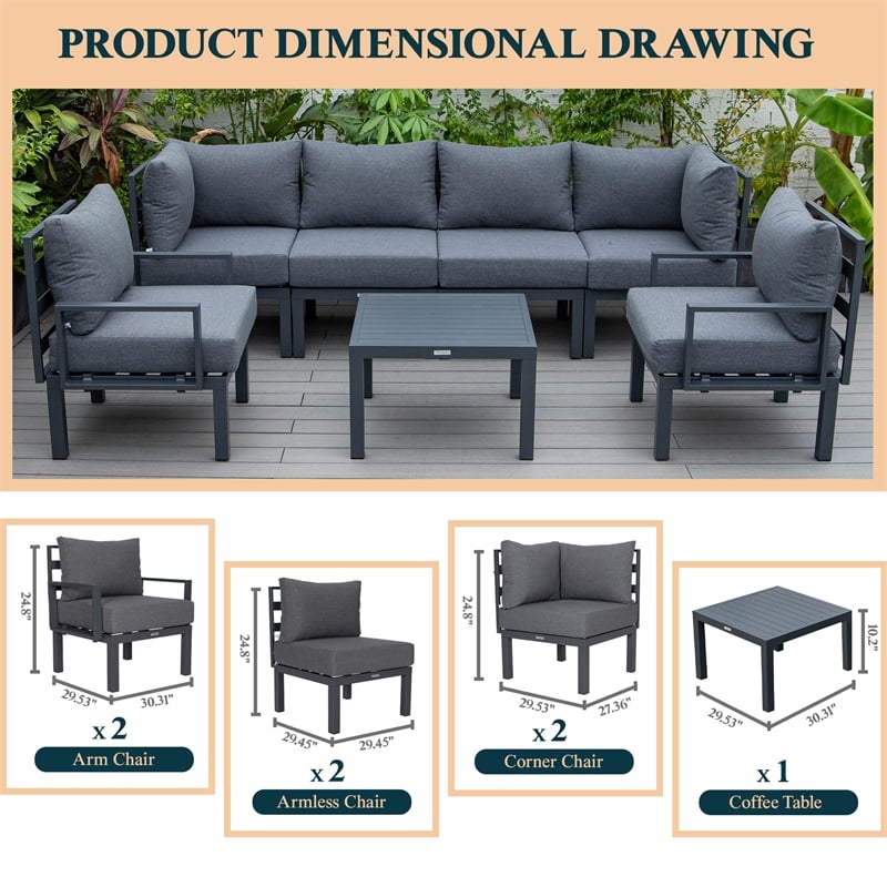 LeisureMod Chelsea 7-Piece Patio Set with Coffee Table and Cushions in Black