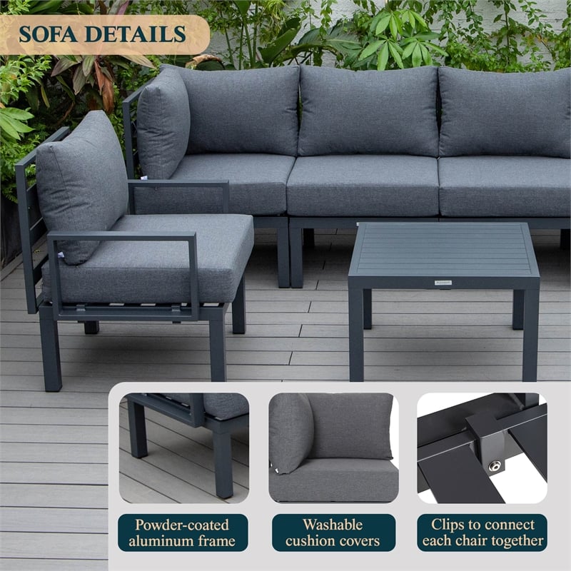 LeisureMod Chelsea 7-Piece Patio Set with Coffee Table and Cushions in Black