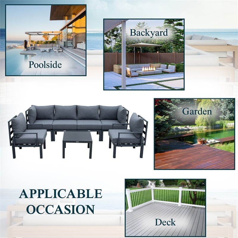 LeisureMod Chelsea 7-Piece Patio Set with Coffee Table and Cushions in Black