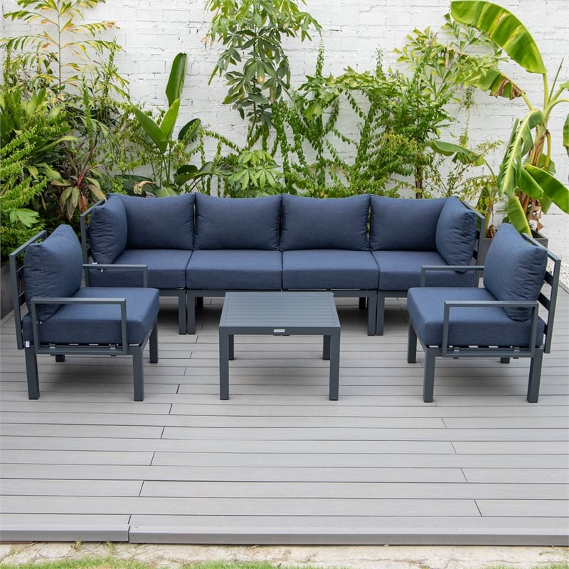 LeisureMod Chelsea 7-Piece Patio Set with Coffee Table and Cushions in Blue