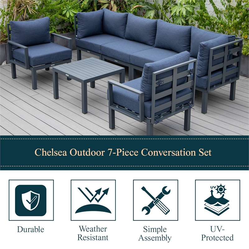 LeisureMod Chelsea 7-Piece Patio Set with Coffee Table and Cushions in Blue