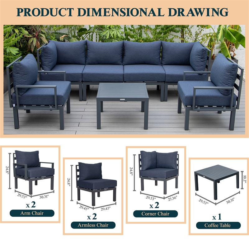 LeisureMod Chelsea 7-Piece Patio Set with Coffee Table and Cushions in Blue