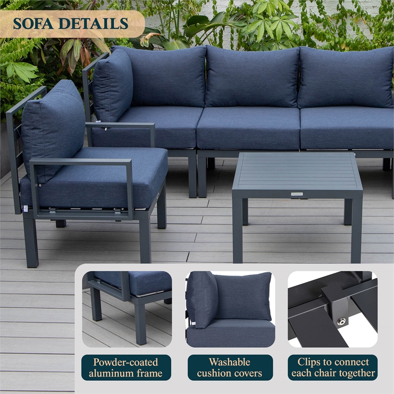 LeisureMod Chelsea 7-Piece Patio Set with Coffee Table and Cushions in Blue