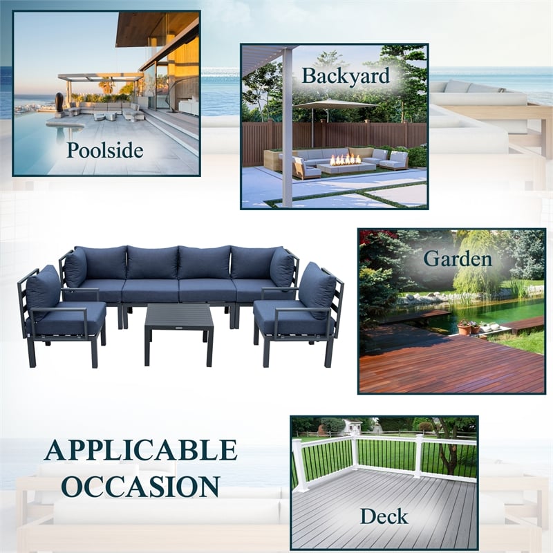 LeisureMod Chelsea 7-Piece Patio Set with Coffee Table and Cushions in Blue