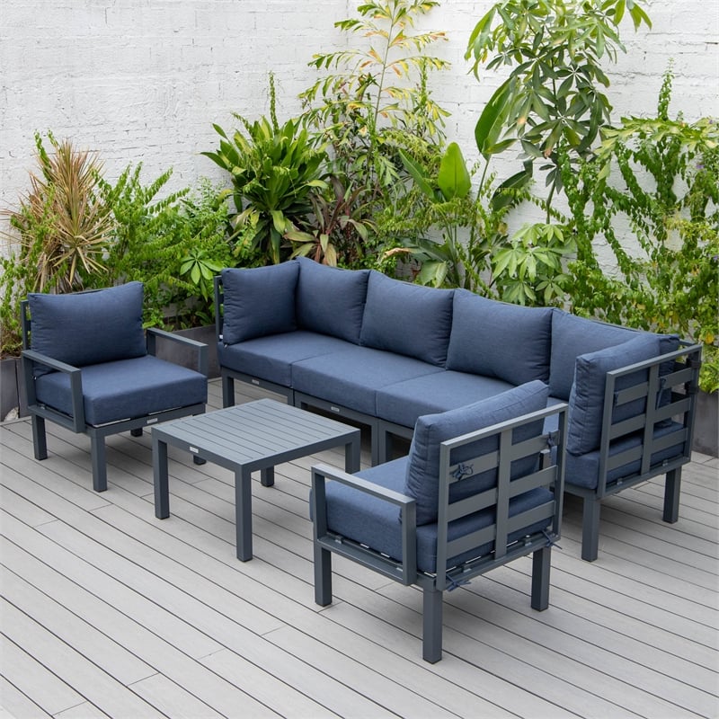 LeisureMod Chelsea 7-Piece Patio Set with Coffee Table and Cushions in Blue