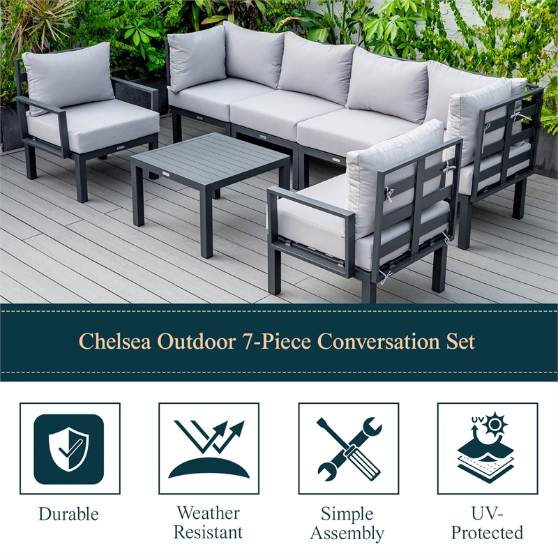 LeisureMod Chelsea 7-Piece Patio Set with Coffee Table and Cushions Light Gray