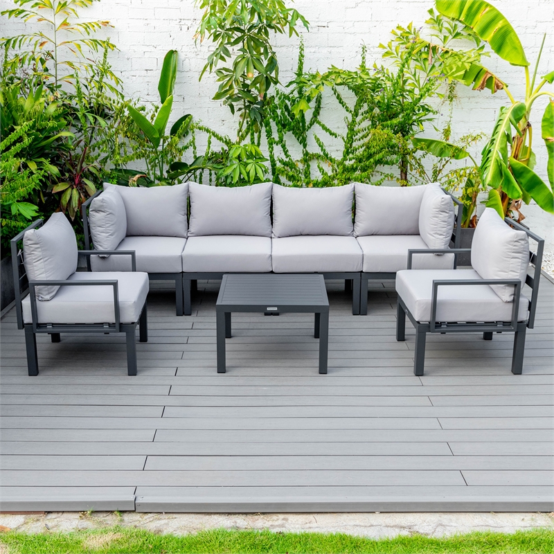 LeisureMod Chelsea 7-Piece Patio Set with Coffee Table and Cushions Light Gray