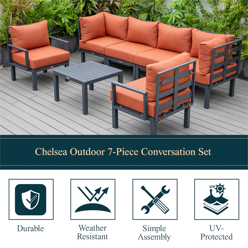 LeisureMod Chelsea 7-Piece Patio Set with Coffee Table and Cushions in Orange