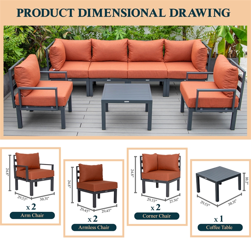 LeisureMod Chelsea 7-Piece Patio Set with Coffee Table and Cushions in Orange