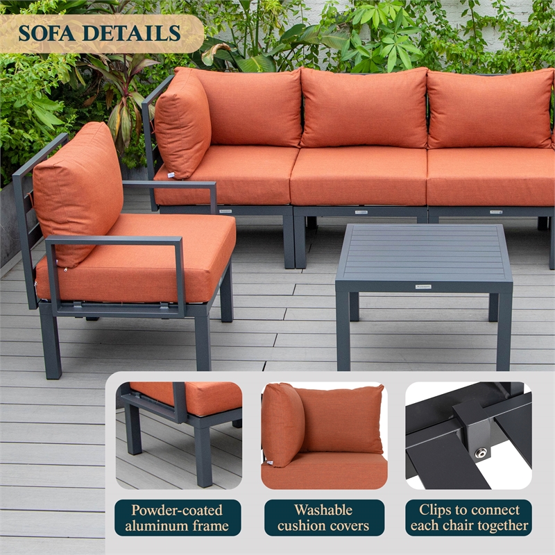 LeisureMod Chelsea 7-Piece Patio Set with Coffee Table and Cushions in Orange